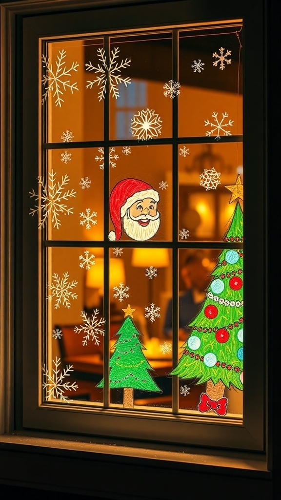 Festive Window Decorations for Christmas A festive window with Christmas drawings of snowflakes, Santa, and a Christmas tree, glowing warmly.